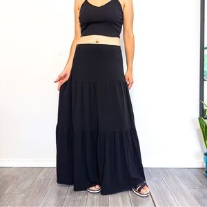 Vintage Tiered Prairie Black Long Skirt elastic waist Boho Grunge Maxi Skirts